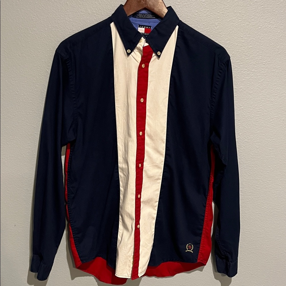 Tommy Hilfiger Men's Blue, Red, and White Button-Down Shirt